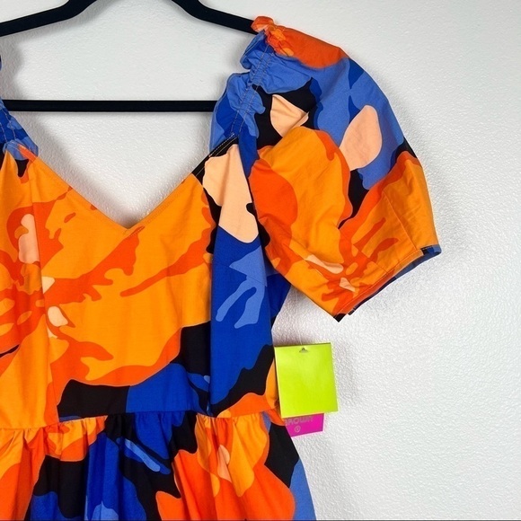 TABITHA Brown Target Puff Sleeve Tie Back Floral Midi Dress Blue Orange NWT - Picture 4 of 10